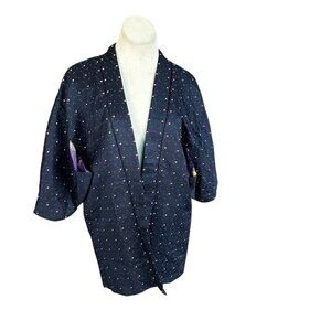 Japanese Vintage Kimono Blue Patterned Haori Jacket Bird Lining